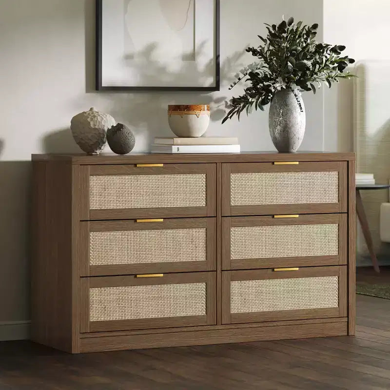 Coffre en bois avec poignées dorées, organisateur de rangement moderne avec tiroirs coulissants, meuble TV de style ferme pour salon, chambre, entrée,