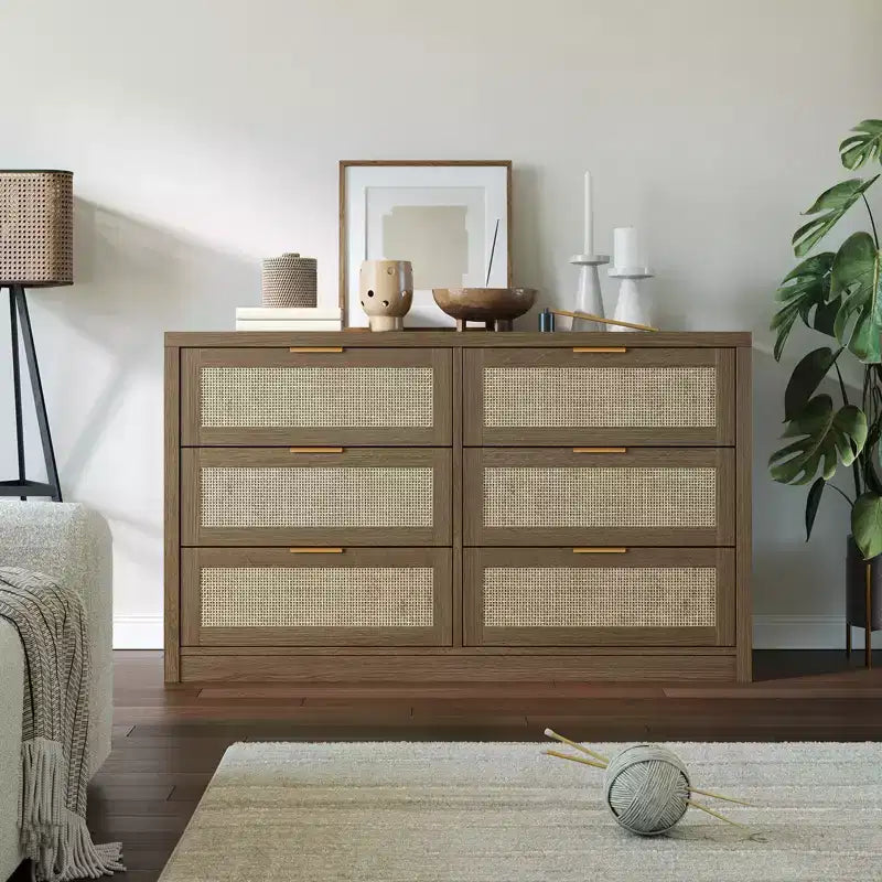 Coffre en bois avec poignées dorées, organisateur de rangement moderne avec tiroirs coulissants, meuble TV de style ferme pour salon, chambre, entrée,