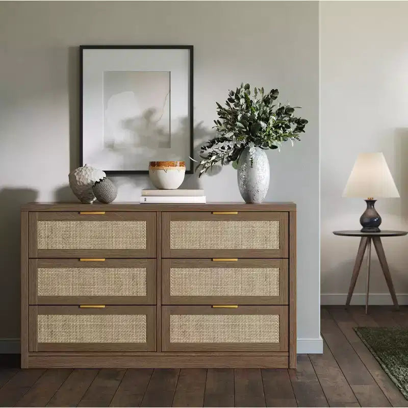 Coffre en bois avec poignées dorées, organisateur de rangement moderne avec tiroirs coulissants, meuble TV de style ferme pour salon, chambre, entrée,