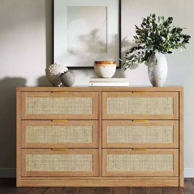 Coffre en bois avec poignées dorées, organisateur de rangement moderne avec tiroirs coulissants, meuble TV de style ferme pour salon, chambre, entrée,