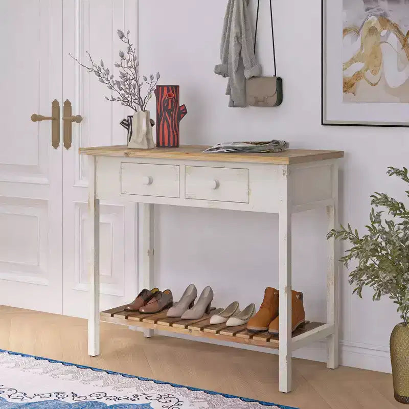 Console en bois de sapin rustique avec 2 tiroirs et 1 étagère inférieure ouverte