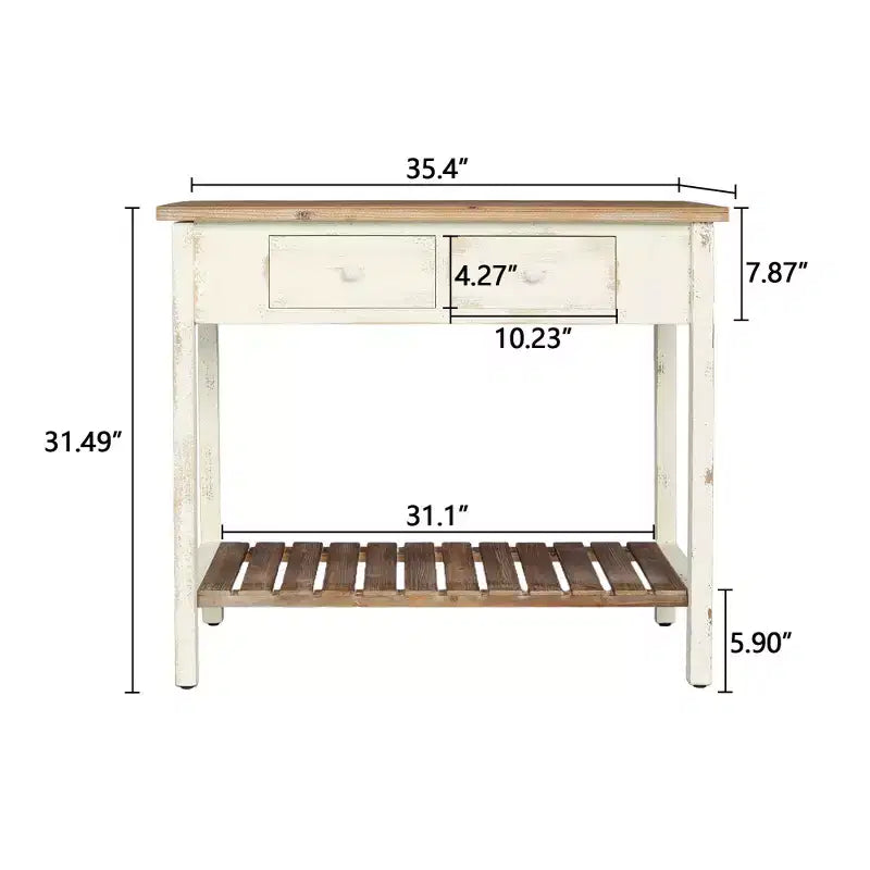 Console en bois de sapin rustique avec 2 tiroirs et 1 étagère inférieure ouverte