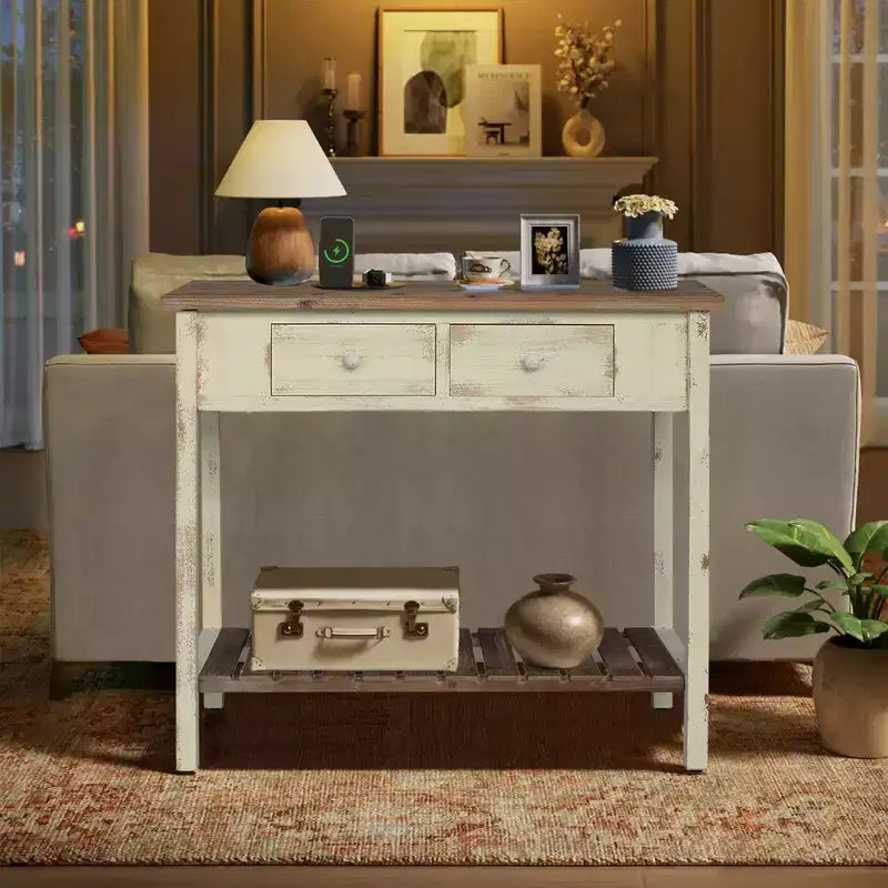 Console en bois de sapin rustique avec 2 tiroirs et 1 étagère inférieure ouverte