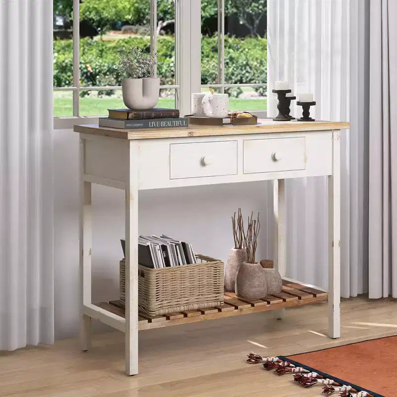 Console en bois de sapin rustique avec 2 tiroirs et 1 étagère inférieure ouverte