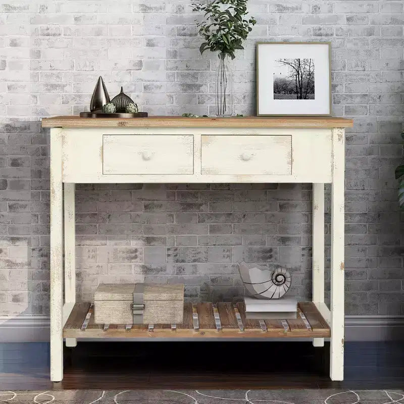 Console en bois de sapin rustique avec 2 tiroirs et 1 étagère inférieure ouverte