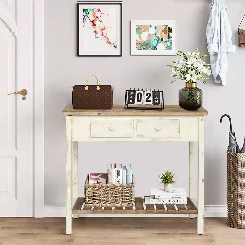 Console en bois de sapin rustique avec 2 tiroirs et 1 étagère inférieure ouverte