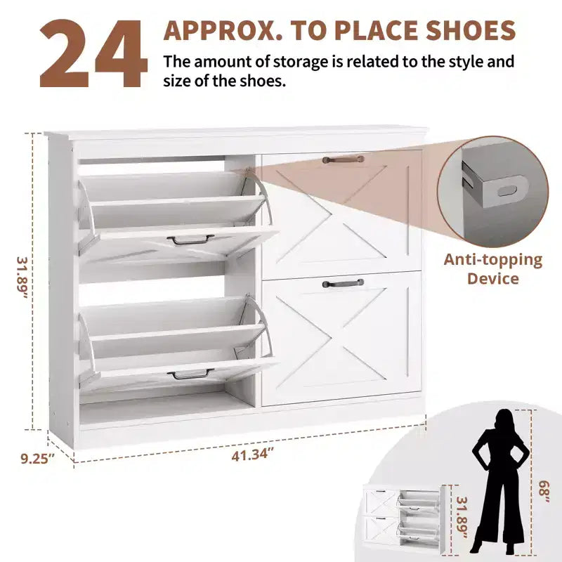 Meuble à chaussures avec 4 tiroirs basculants, meuble de rangement à chaussures large et dissimulé, simple et élégant, meuble à chaussures autoportant en bois