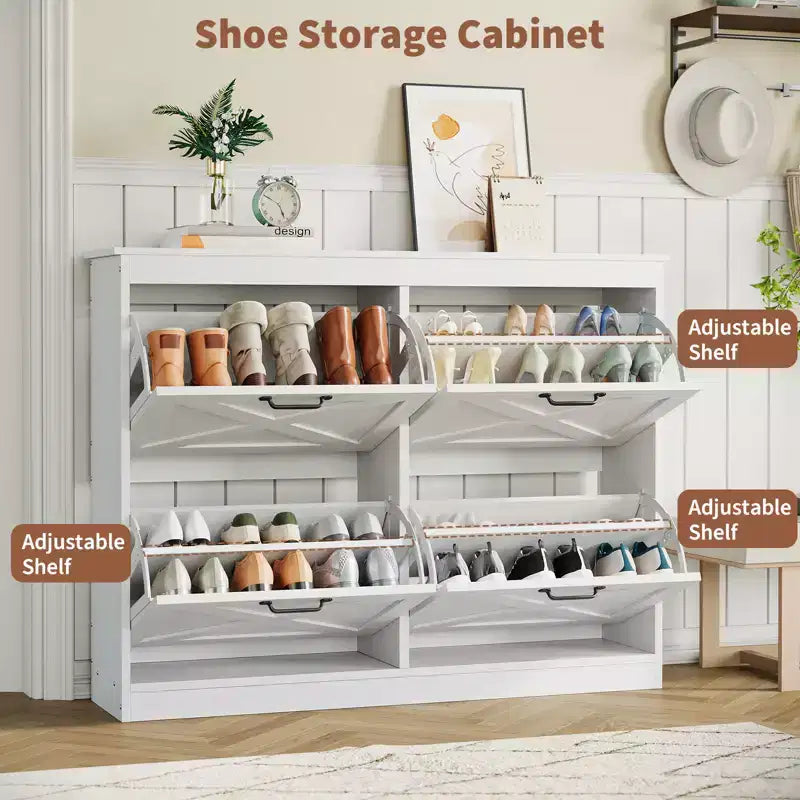 Meuble à chaussures avec 4 tiroirs basculants, meuble de rangement à chaussures large et dissimulé, simple et élégant, meuble à chaussures autoportant en bois