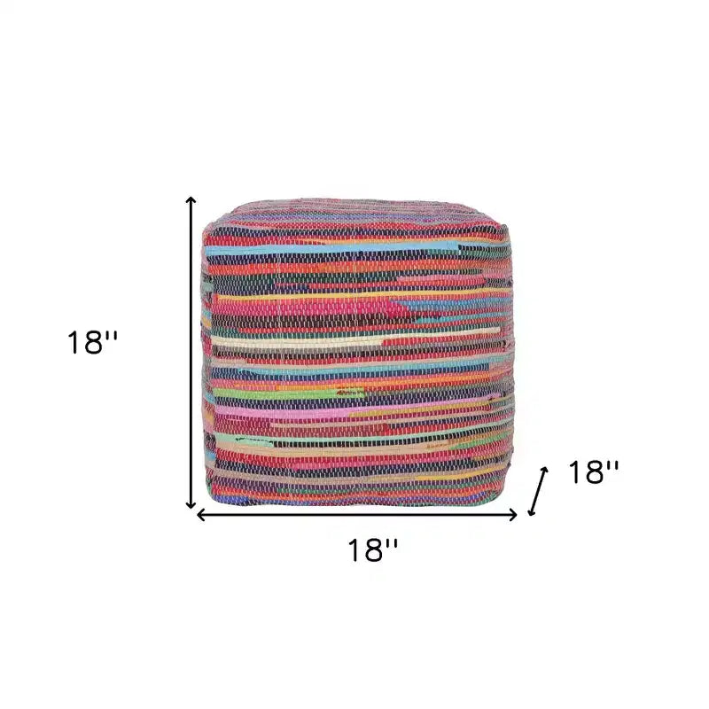 Pouf ottoman rayé en coton rouge et noir de 18 po
