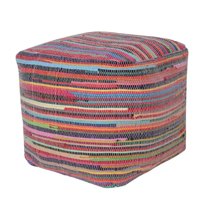 Pouf ottoman rayé en coton rouge et noir de 18 po