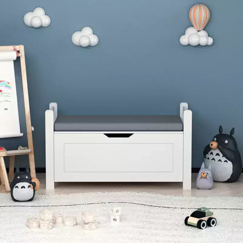 Coffre à jouets pour enfants avec coussin d'assise et couvercle rabattable, Grand coffre de rangement