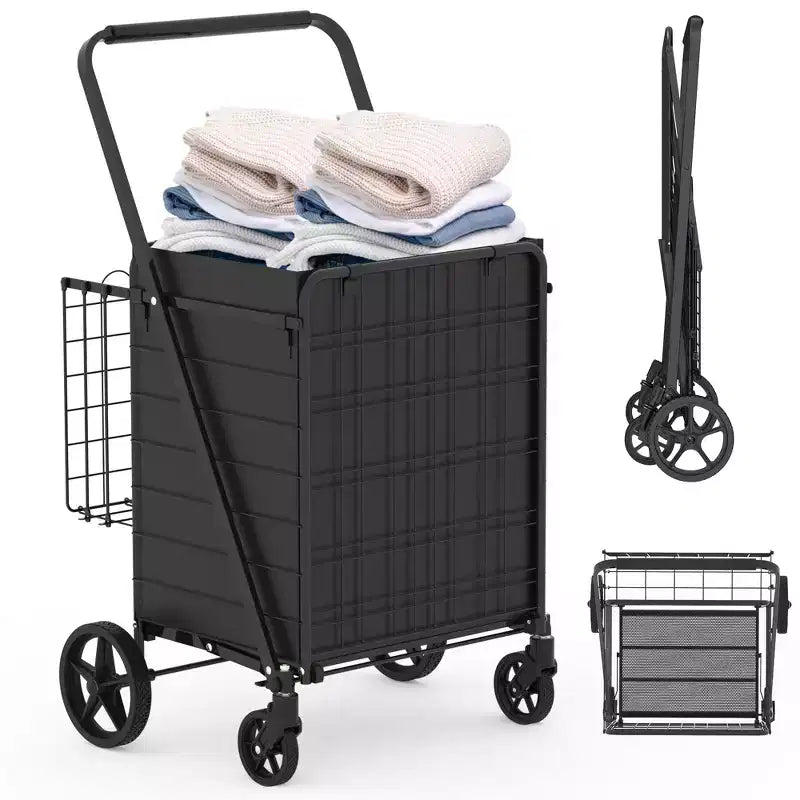 Chariot de courses pliable robuste avec longue poignée, doubles paniers et doublure imperméable