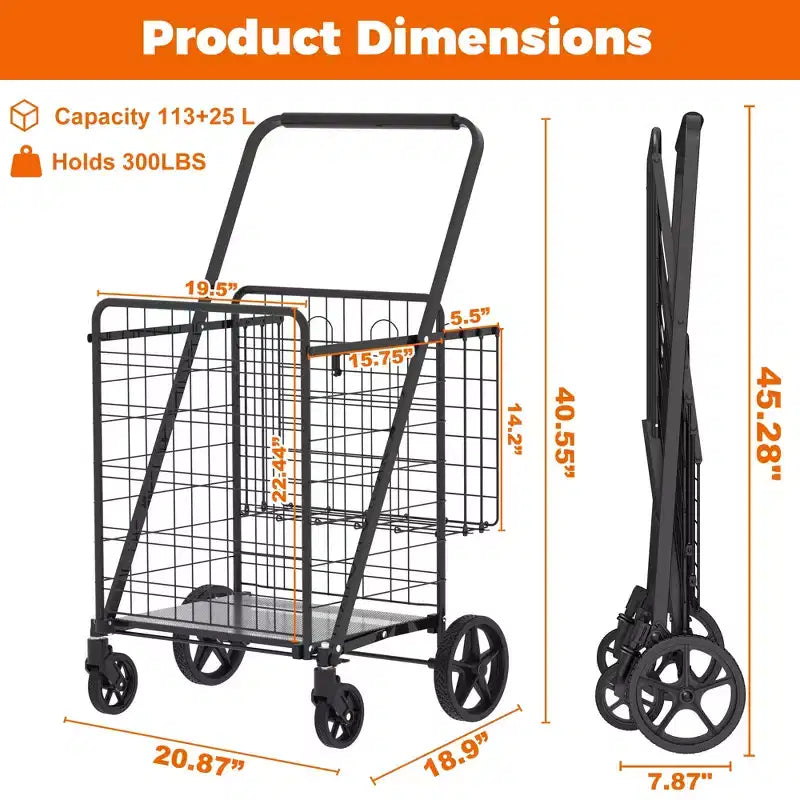 Chariot de courses pliable robuste avec longue poignée, doubles paniers et doublure imperméable