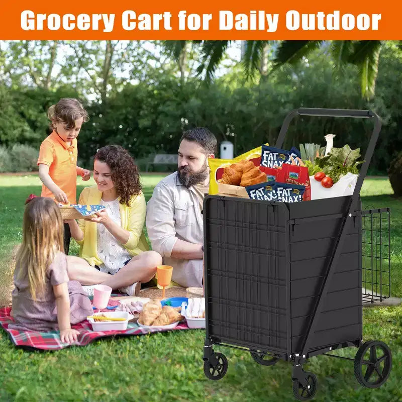 Chariot de courses pliable robuste avec longue poignée, doubles paniers et doublure imperméable