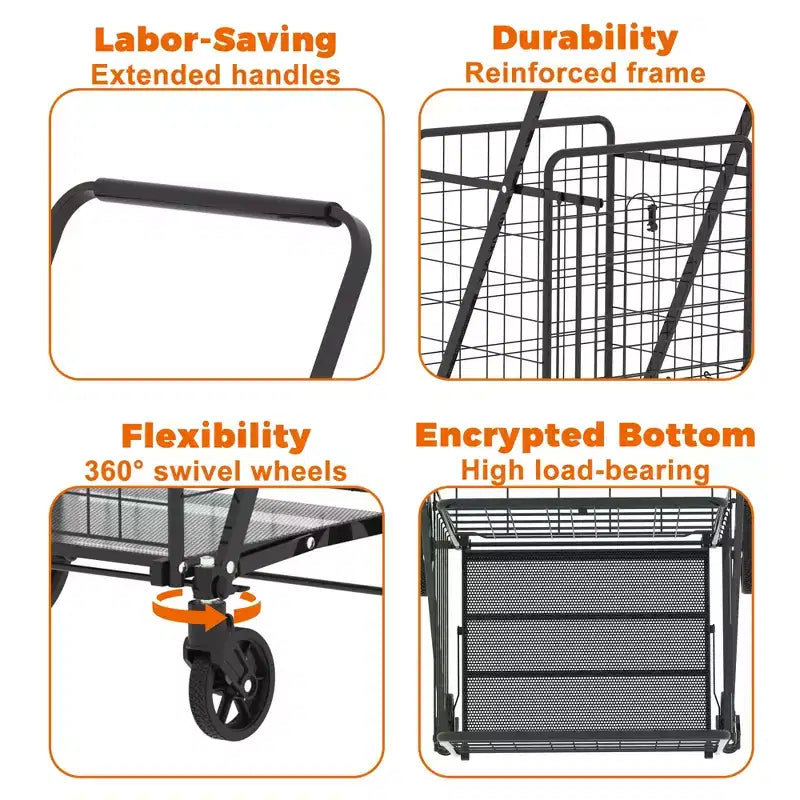 Chariot de courses pliable robuste avec longue poignée, doubles paniers et doublure imperméable