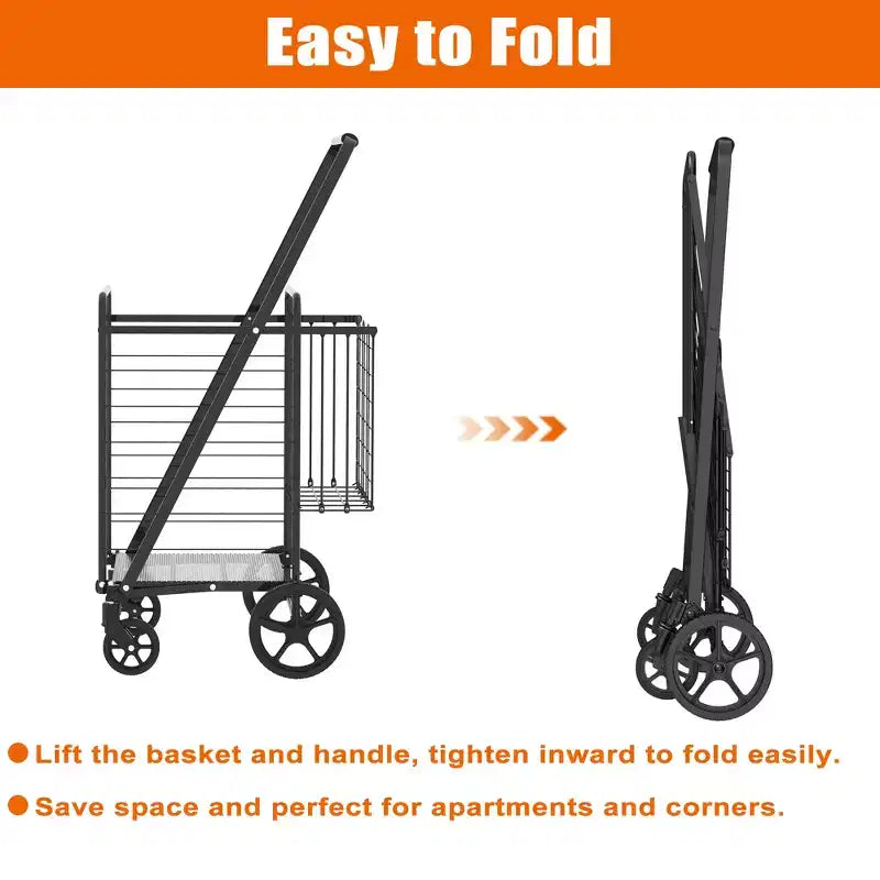 Chariot de courses pliable robuste avec longue poignée, doubles paniers et doublure imperméable
