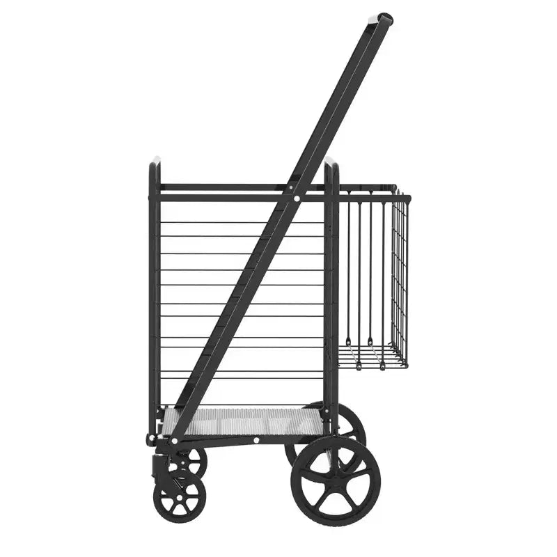 Chariot de courses pliable robuste avec longue poignée, doubles paniers et doublure imperméable