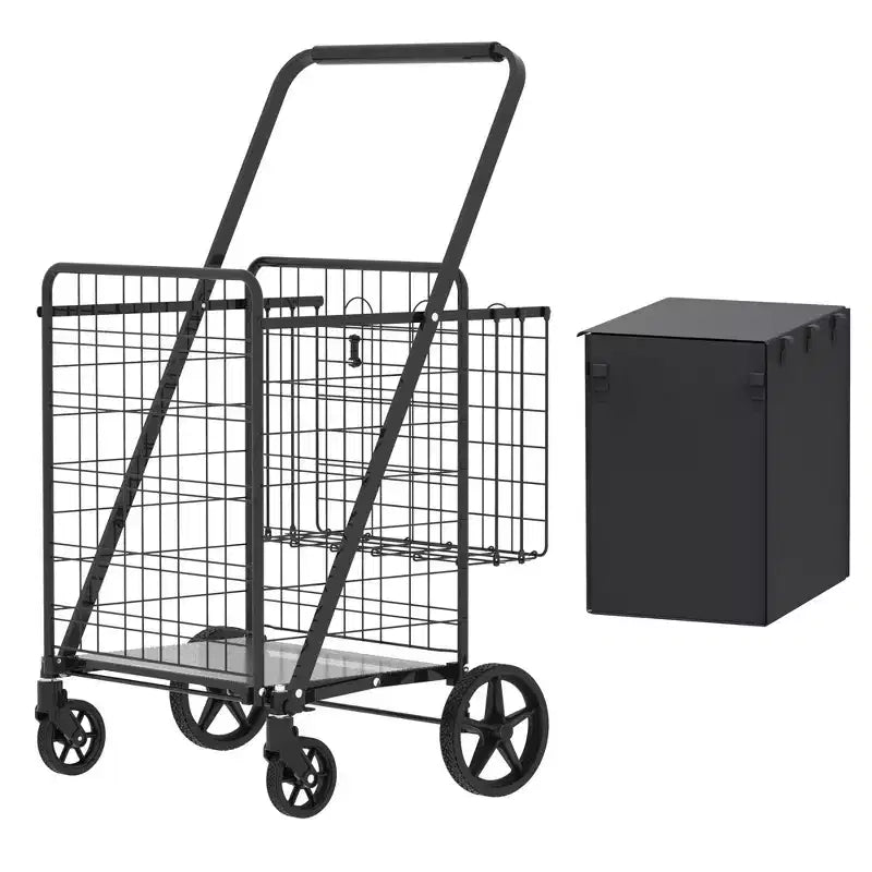 Chariot de courses pliable robuste avec longue poignée, doubles paniers et doublure imperméable