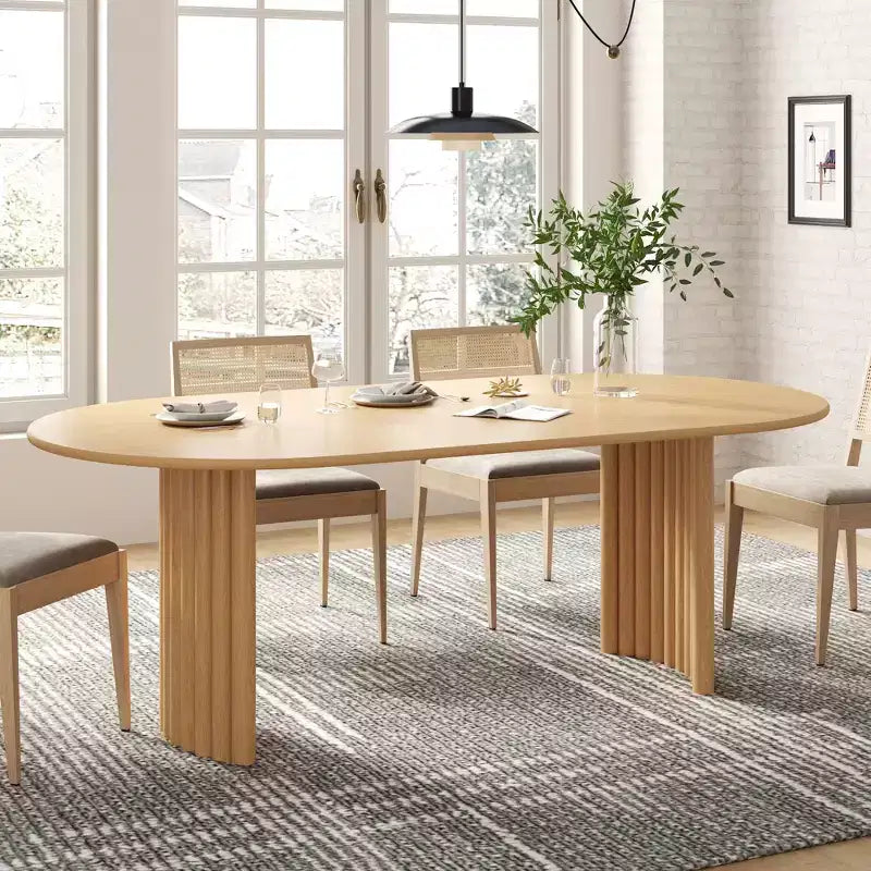 Table à manger ovale de 79" pour 6 à 8 personnes, plateau à bords incurvés et piètement à rayures, table de cuisine moderne de style ferme, naturelle
