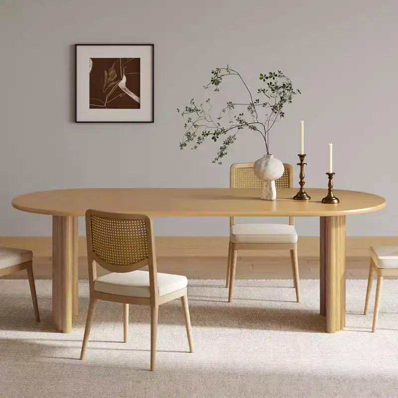 Table à manger ovale de 79" pour 6 à 8 personnes, plateau à bords incurvés et piètement à rayures, table de cuisine moderne de style ferme, naturelle