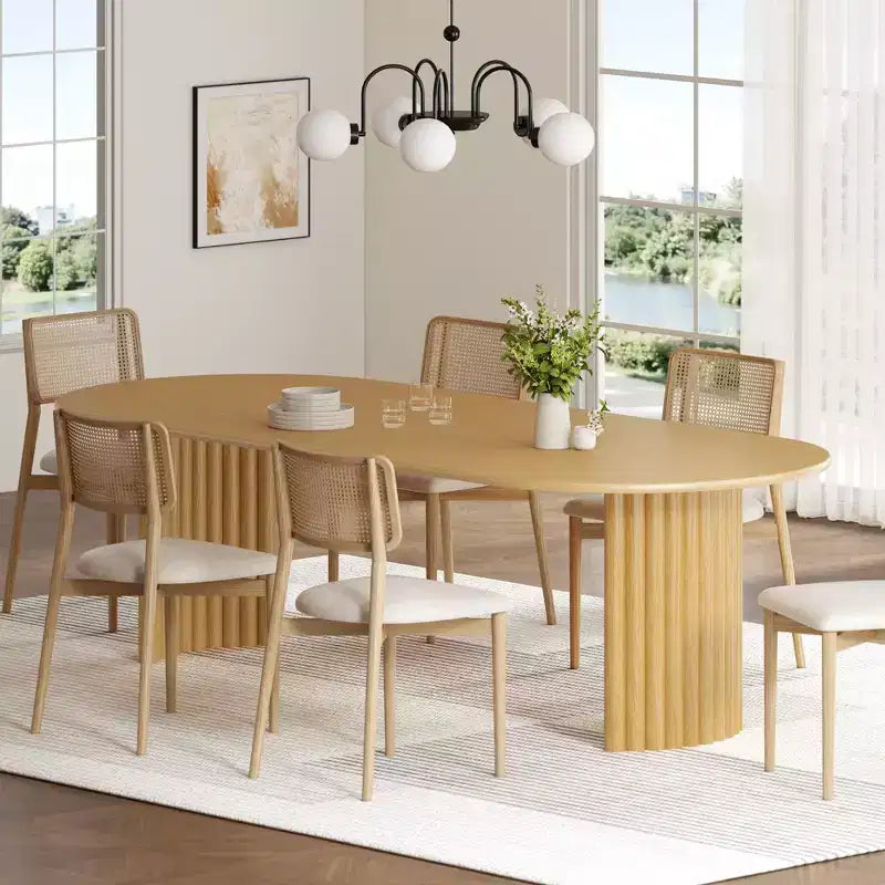 Table à manger ovale de 79" pour 6 à 8 personnes, plateau à bords incurvés et piètement à rayures, table de cuisine moderne de style ferme, naturelle