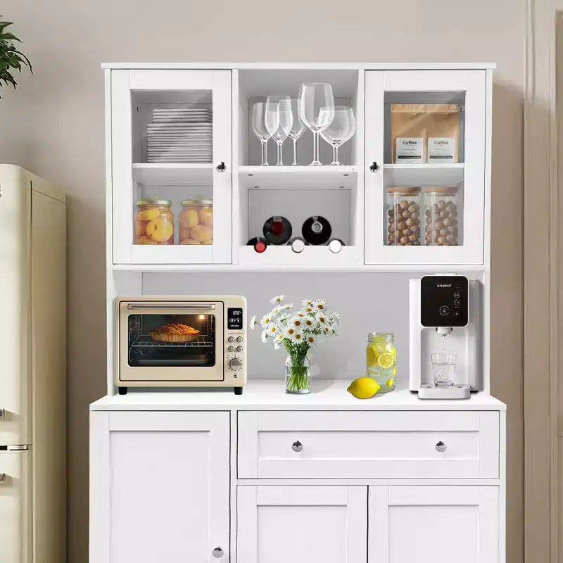 Armoire de rangement avec casier à vin, tiroirs, portes vitrées et étagère à micro-ondes, buffet de salle à manger