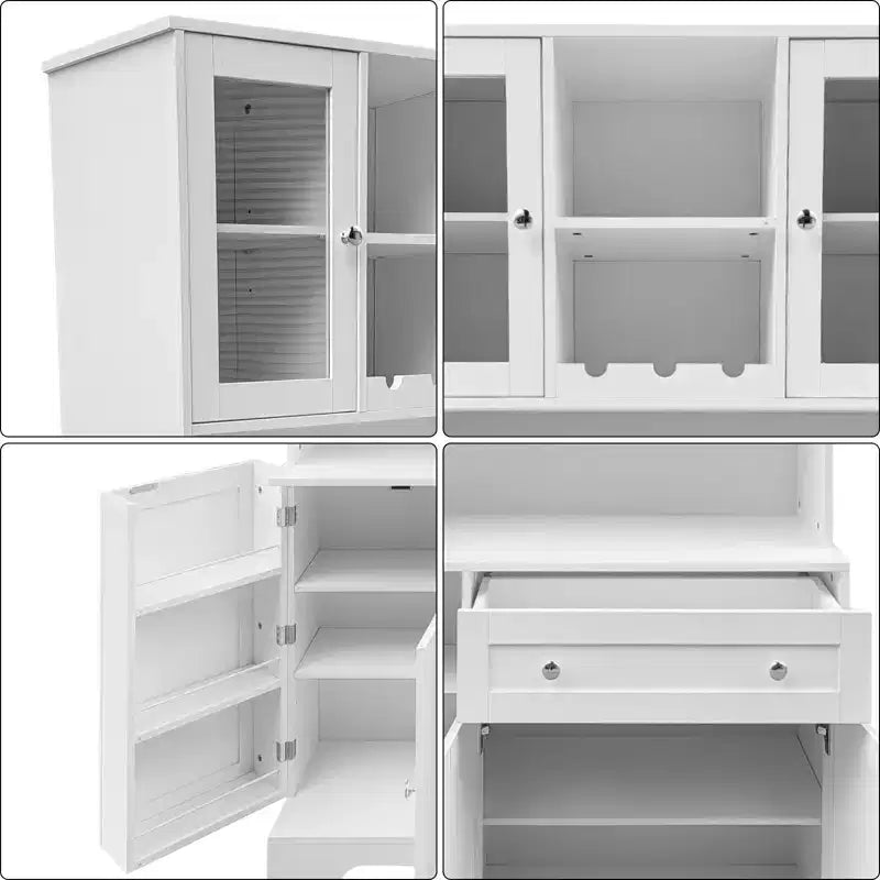 Armoire de rangement avec casier à vin, tiroirs, portes vitrées et étagère à micro-ondes, buffet de salle à manger