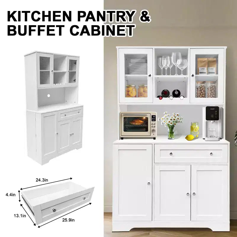 Armoire de rangement avec casier à vin, tiroirs, portes vitrées et étagère à micro-ondes, buffet de salle à manger
