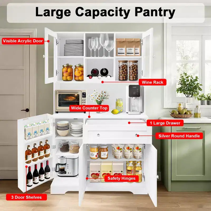 Armoire de rangement avec casier à vin, tiroirs, portes vitrées et étagère à micro-ondes, buffet de salle à manger