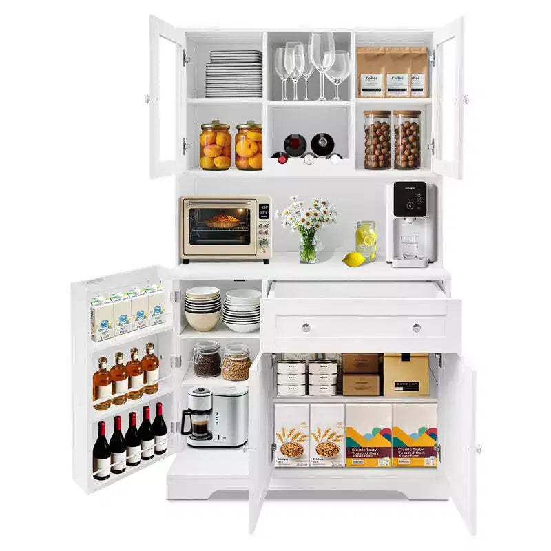 Armoire de rangement avec casier à vin, tiroirs, portes vitrées et étagère à micro-ondes, buffet de salle à manger