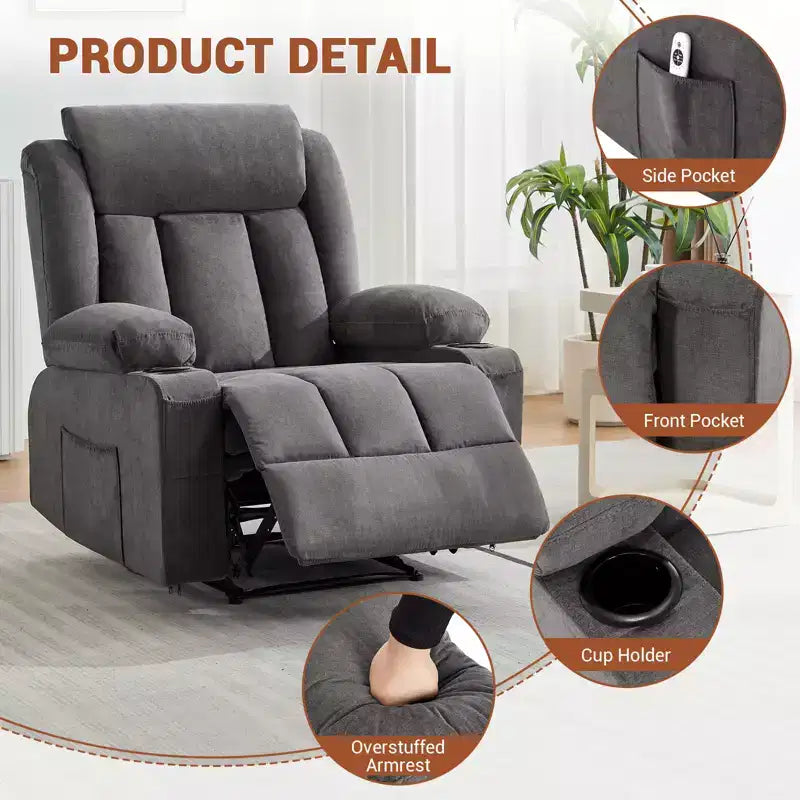Fauteuil inclinable manuel classique surdimensionné avec massage par vibrations, chauffage, canapé rembourré confortable avec poches latérales, poches avant, porte-gobelet