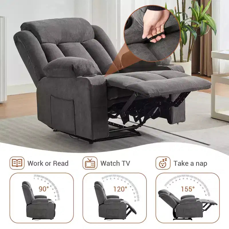 Fauteuil inclinable manuel classique surdimensionné avec massage par vibrations, chauffage, canapé rembourré confortable avec poches latérales, poches avant, porte-gobelet
