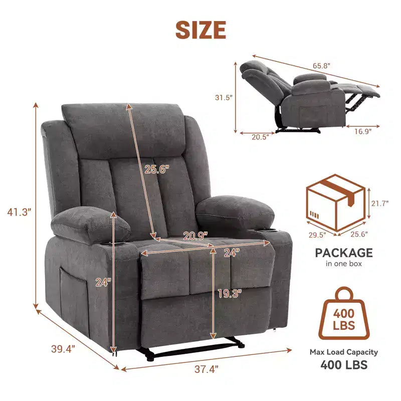 Fauteuil inclinable manuel classique surdimensionné avec massage par vibrations, chauffage, canapé rembourré confortable avec poches latérales, poches avant, porte-gobelet