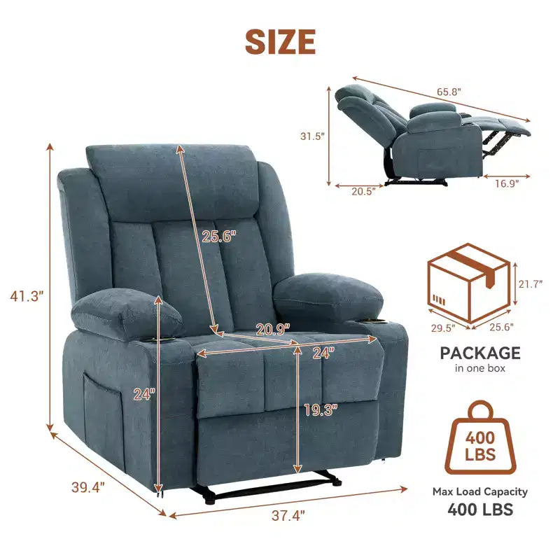 Fauteuil inclinable manuel classique surdimensionné avec massage par vibrations, chauffage, canapé rembourré confortable avec poches latérales, poches avant, porte-gobelet