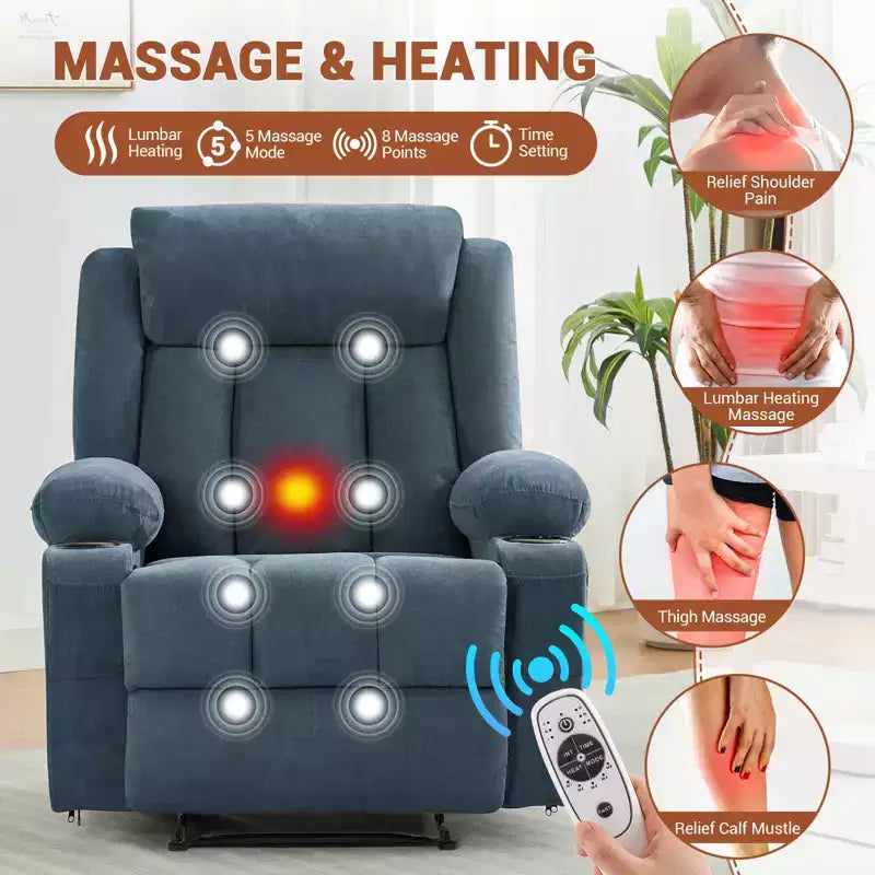 Fauteuil inclinable manuel classique surdimensionné avec massage par vibrations, chauffage, canapé rembourré confortable avec poches latérales, poches avant, porte-gobelet