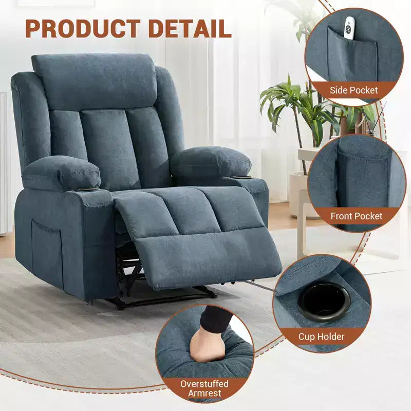 Fauteuil inclinable manuel classique surdimensionné avec massage par vibrations, chauffage, canapé rembourré confortable avec poches latérales, poches avant, porte-gobelet