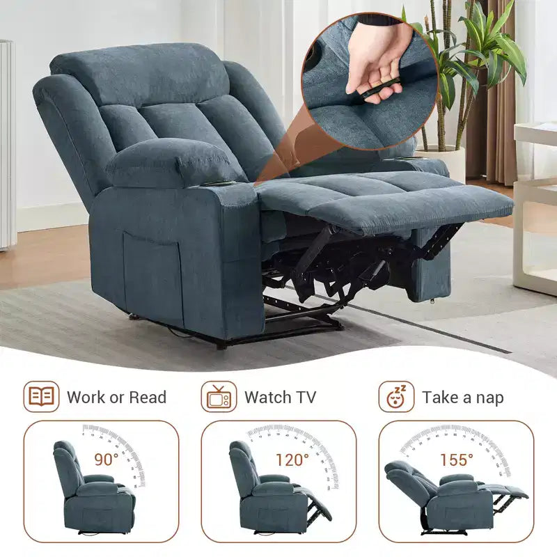 Fauteuil inclinable manuel classique surdimensionné avec massage par vibrations, chauffage, canapé rembourré confortable avec poches latérales, poches avant, porte-gobelet