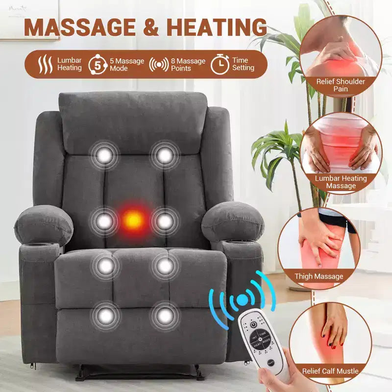Fauteuil inclinable manuel classique surdimensionné avec massage par vibrations, chauffage, canapé rembourré confortable avec poches latérales, poches avant, porte-gobelet
