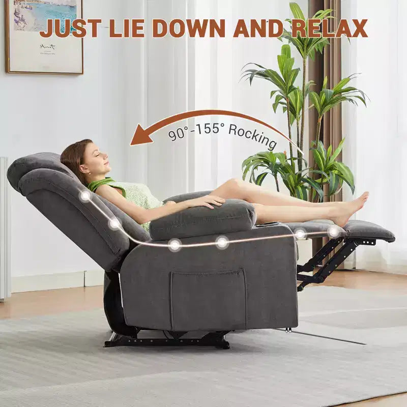 Fauteuil inclinable manuel classique surdimensionné avec massage par vibrations, chauffage, canapé rembourré confortable avec poches latérales, poches avant, porte-gobelet