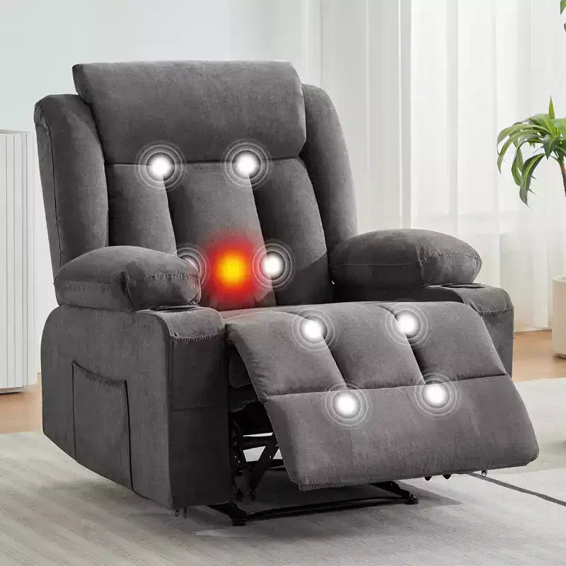 Fauteuil inclinable manuel classique surdimensionné avec massage par vibrations, chauffage, canapé rembourré confortable avec poches latérales, poches avant, porte-gobelet