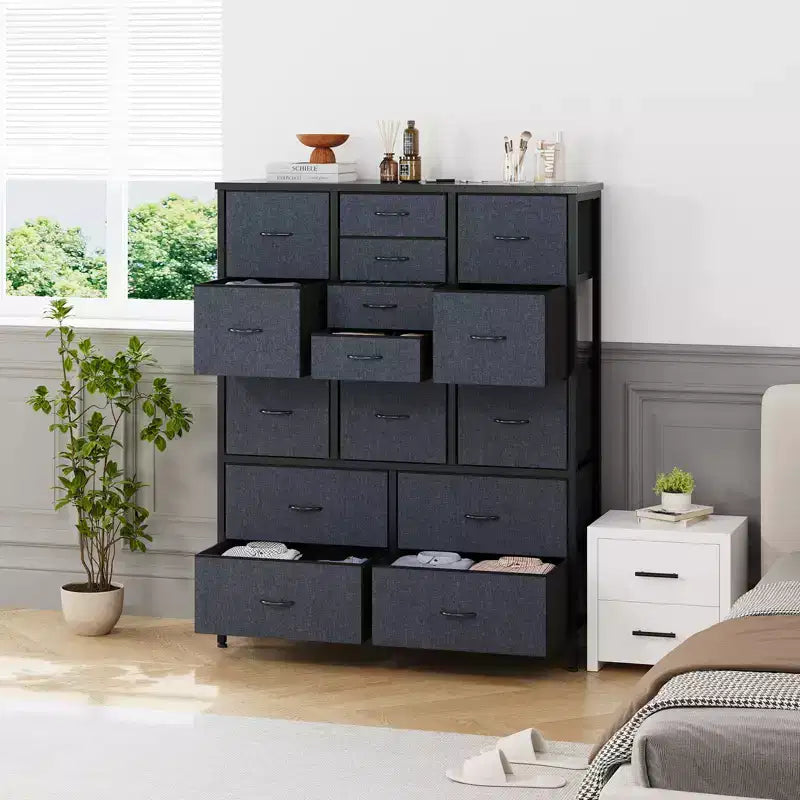 Commode à 15 tiroirs, organisateur de rangement haut avec cadre en métal et plateau en bois, commode en tissu pour le salon, unité de rangement multifonctionnelle
