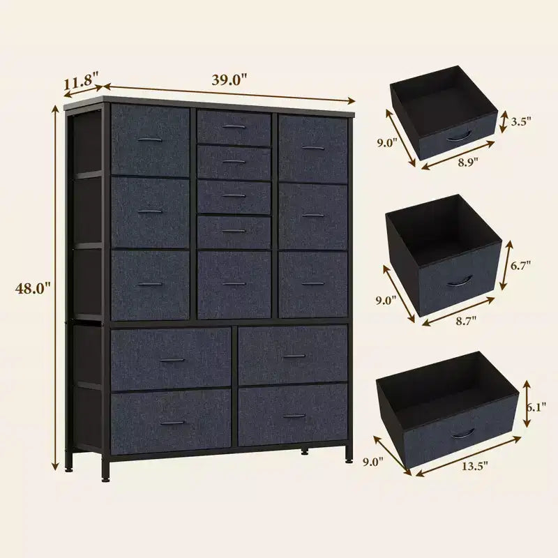 Commode à 15 tiroirs, organisateur de rangement haut avec cadre en métal et plateau en bois, commode en tissu pour le salon, unité de rangement multifonctionnelle