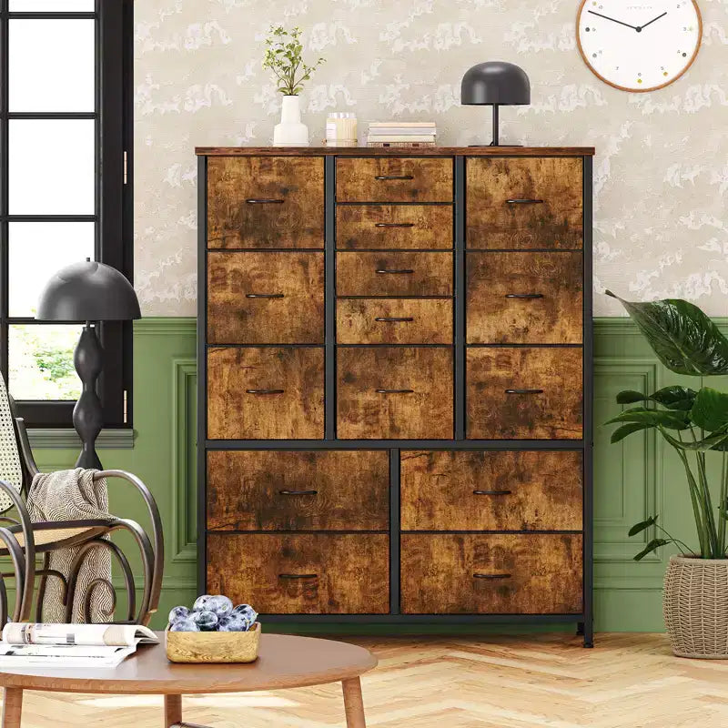 Commode à 15 tiroirs, organisateur de rangement haut avec cadre en métal et plateau en bois, commode en tissu pour le salon, unité de rangement multifonctionnelle