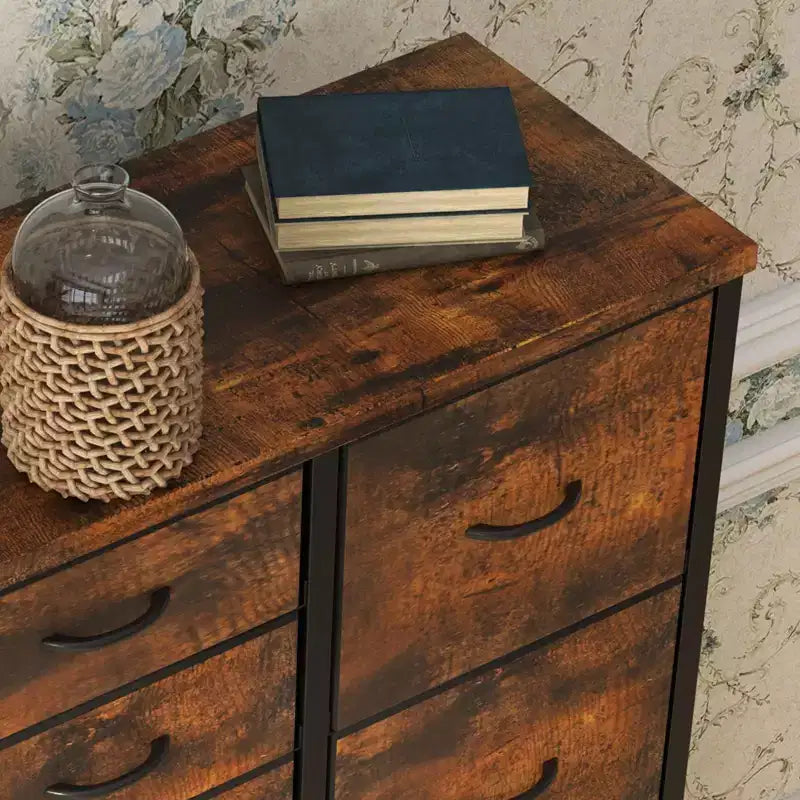 Commode à 15 tiroirs, organisateur de rangement haut avec cadre en métal et plateau en bois, commode en tissu pour le salon, unité de rangement multifonctionnelle