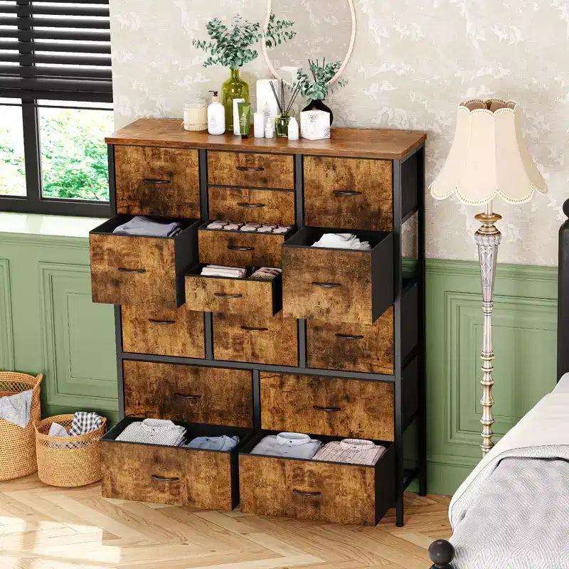 Commode à 15 tiroirs, organisateur de rangement haut avec cadre en métal et plateau en bois, commode en tissu pour le salon, unité de rangement multifonctionnelle