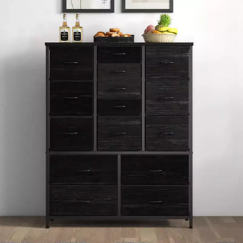 Commode à 15 tiroirs, organisateur de rangement haut avec cadre en métal et plateau en bois, commode en tissu pour le salon, unité de rangement multifonctionnelle