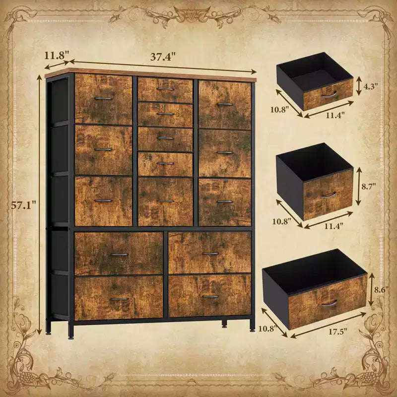 Commode à 15 tiroirs, organisateur de rangement haut avec cadre en métal et plateau en bois, commode en tissu pour le salon, unité de rangement multifonctionnelle