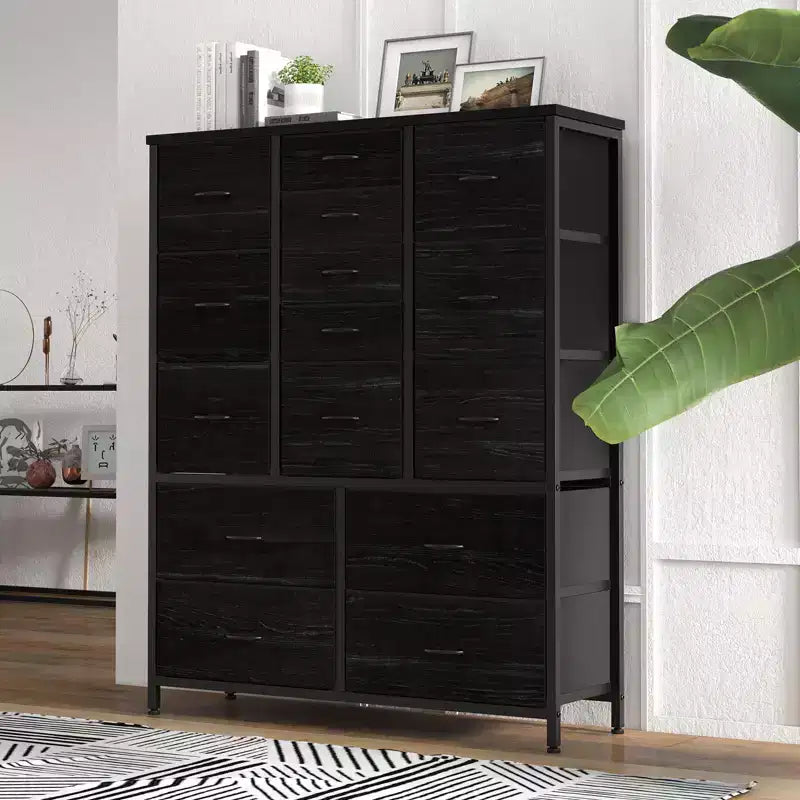 Commode à 15 tiroirs, organisateur de rangement haut avec cadre en métal et plateau en bois, commode en tissu pour le salon, unité de rangement multifonctionnelle