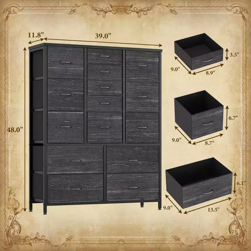Commode à 15 tiroirs, organisateur de rangement haut avec cadre en métal et plateau en bois, commode en tissu pour le salon, unité de rangement multifonctionnelle