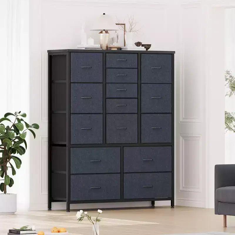 Commode à 15 tiroirs, organisateur de rangement haut avec cadre en métal et plateau en bois, commode en tissu pour le salon, unité de rangement multifonctionnelle